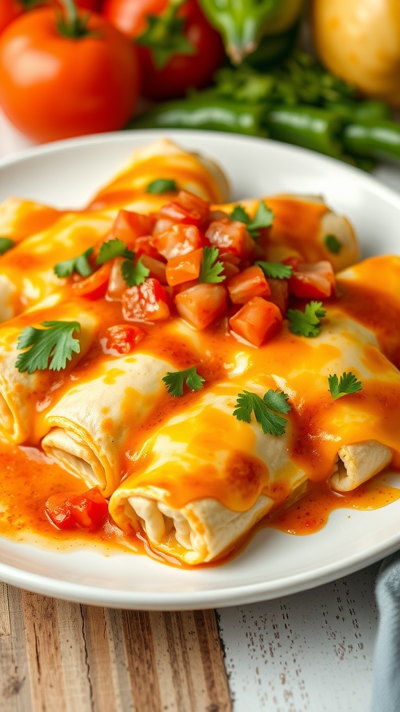 Cheesy Cabbage Enchiladas with Spicy Sauce Cheesy cabbage enchiladas topped with salsa and cilantro on a colorful plate.
